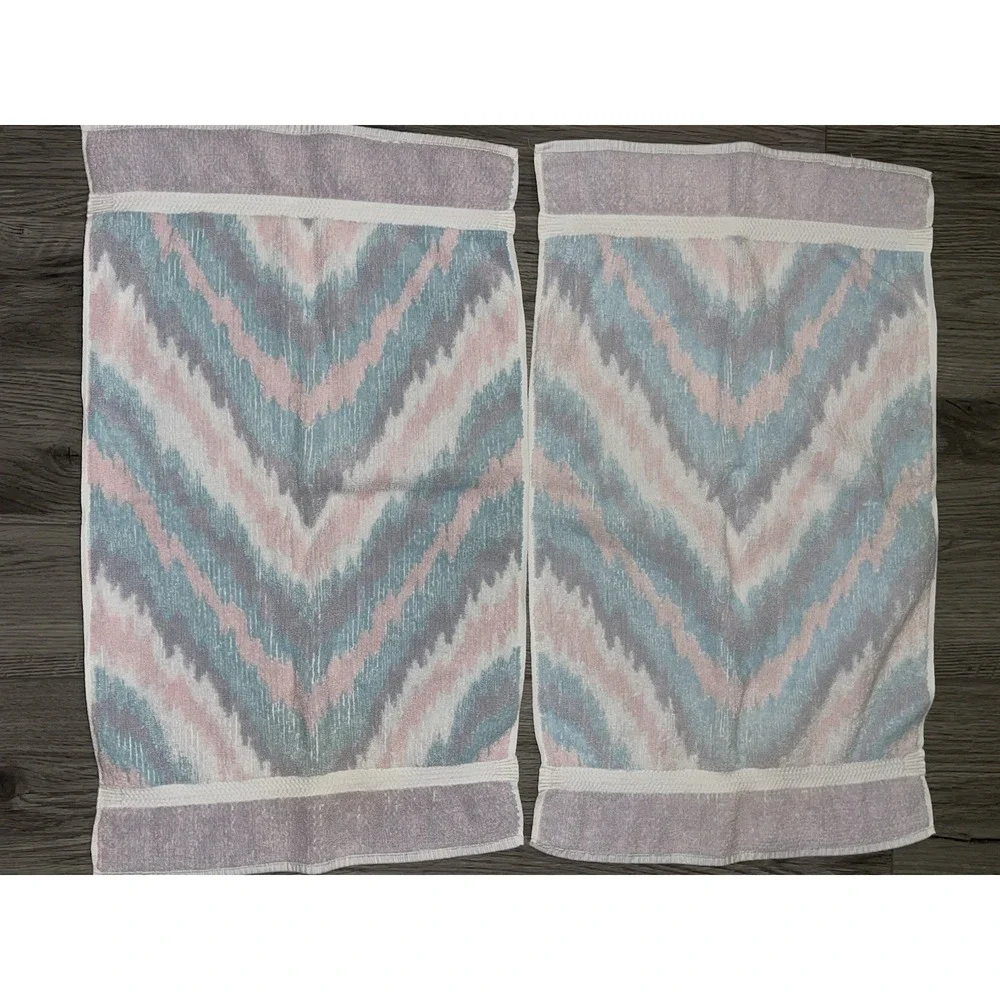 Vintage Towel‎ Set Of 6 Abstract Chevron Print Pink Blue & White